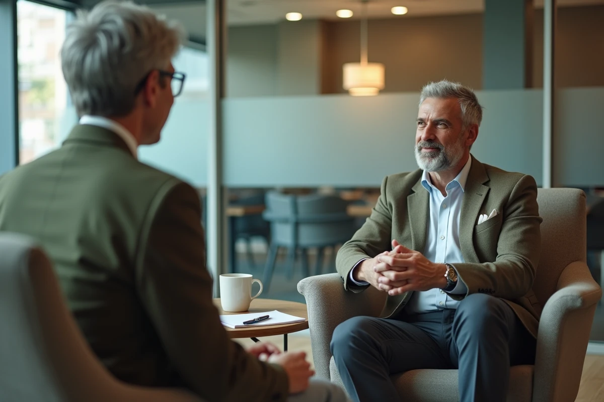 Coach professionnelle en séance individuelle avec un manager dans un espace de travail calme et contemporain