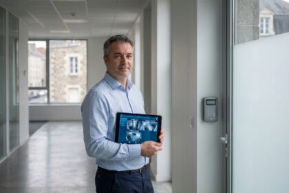 Homme d'affaires consultant l'interface de sécurité sur une tablette dans un couloir moderne d'immeuble résidentiel à Angers
