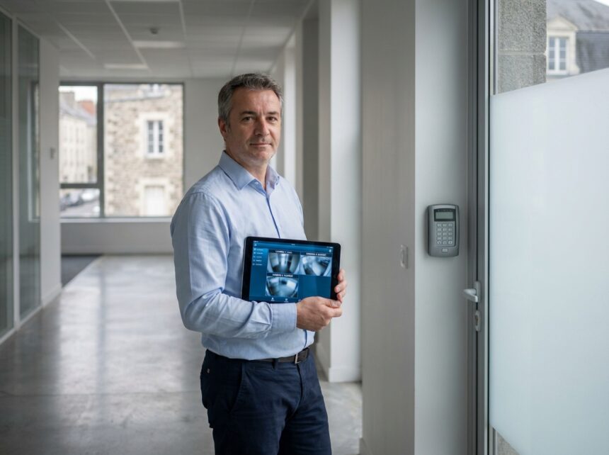 Homme d'affaires consultant l'interface de sécurité sur une tablette dans un couloir moderne d'immeuble résidentiel à Angers