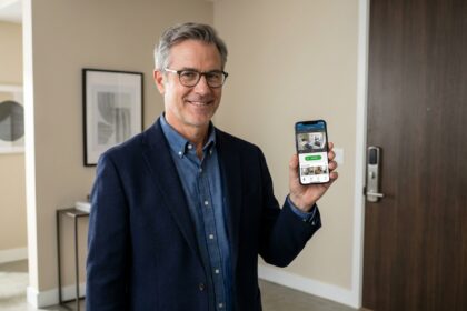 Homme consultant l'application de sécurité sur son smartphone dans l'entrée d'un appartement moderne avec système de verrouillage intelligent à Angers