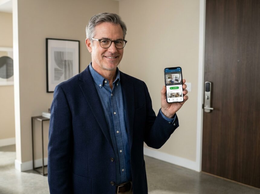 Homme consultant l'application de sécurité sur son smartphone dans l'entrée d'un appartement moderne avec système de verrouillage intelligent à Angers