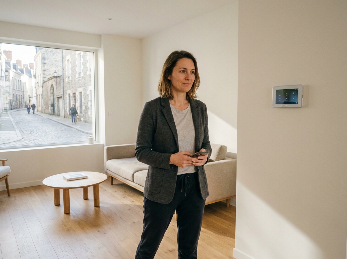 Femme consultant son téléphone dans un salon angevin avec système de sécurité discret en arrière-plan