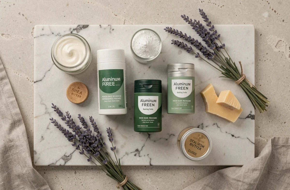 Sélection de déodorants sans aluminium avec des ingrédients naturels sur fond de marbre