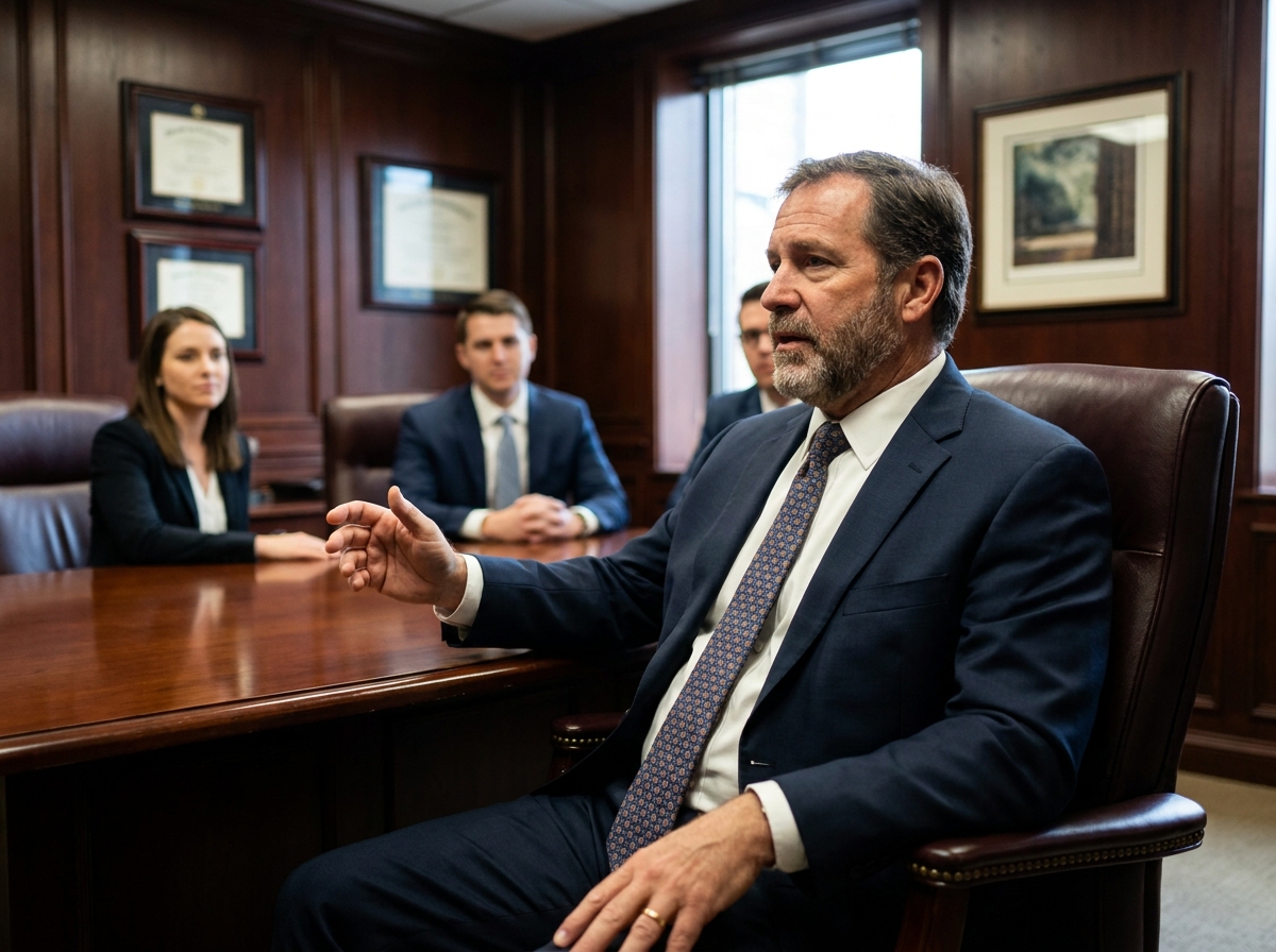 Cadre dirigeant en costume bleu marine animant une réunion stratégique en salle de conférence professionnelle