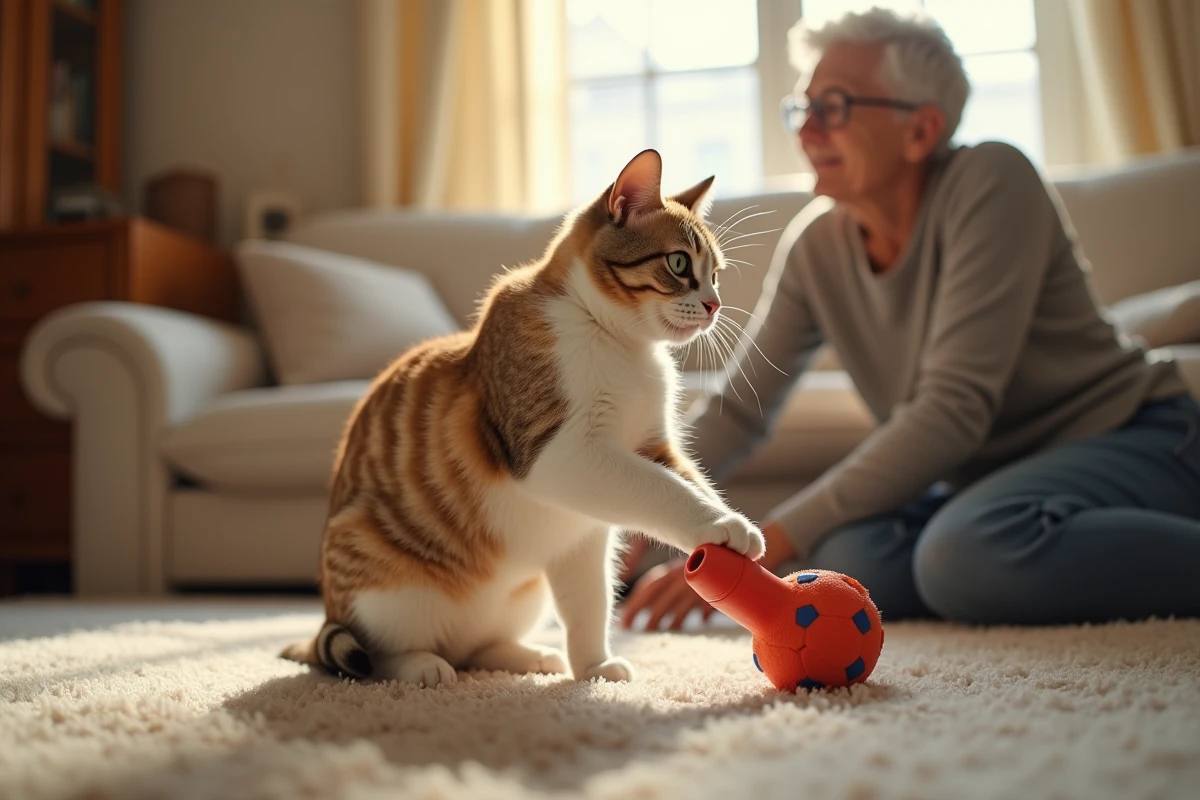 Chat adulte jouant avec un jouet sous la supervision bienveillante de son propriétaire dans un environnement chaleureux