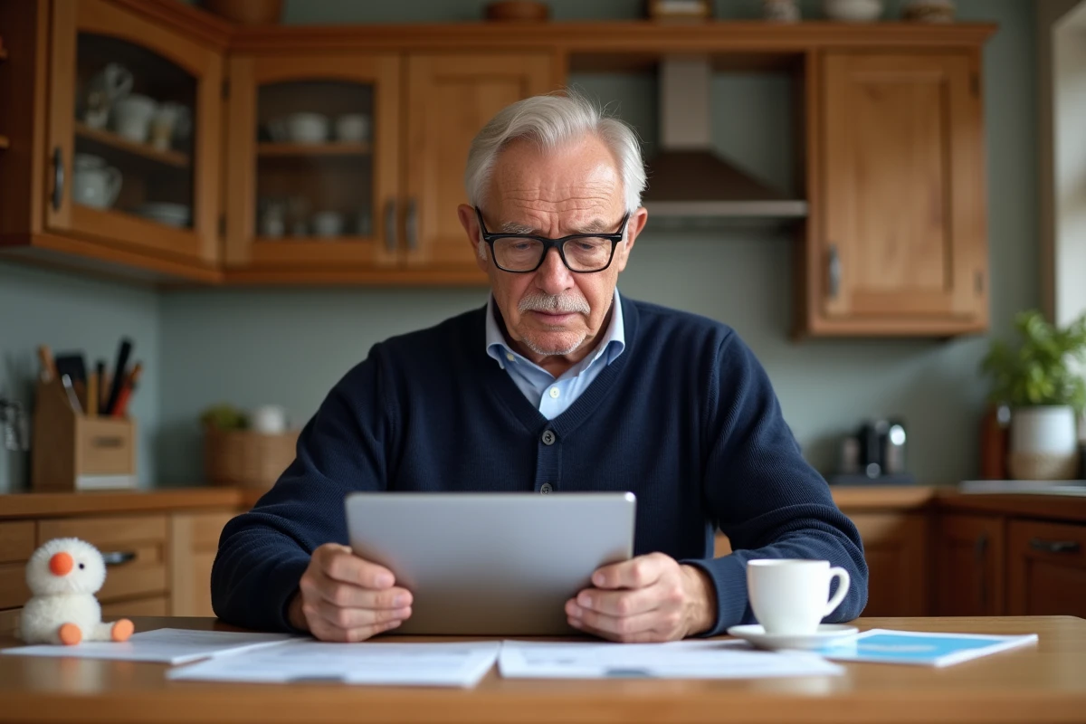 Senior homme compare critères de choix entre téléphone iPhone et Samsung Galaxy à sa table de cuisine
