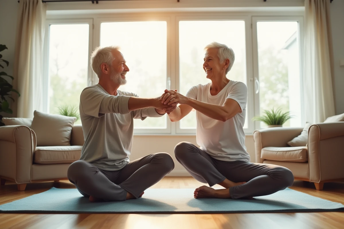 Couple senior pratiquant le pilates à la maison pour améliorer l'équilibre et la flexibilité