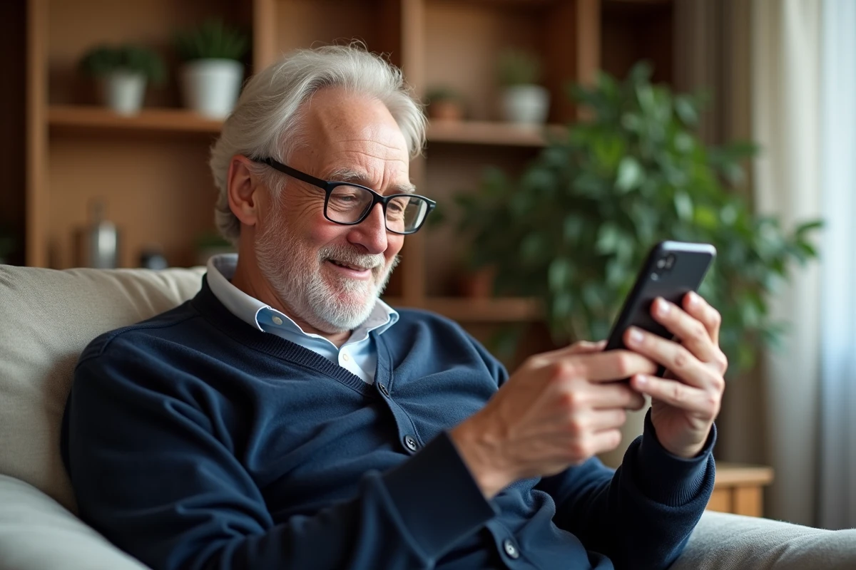 Homme senior découvrant les fonctionnalités d'un smartphone innovant dans son salon confortable