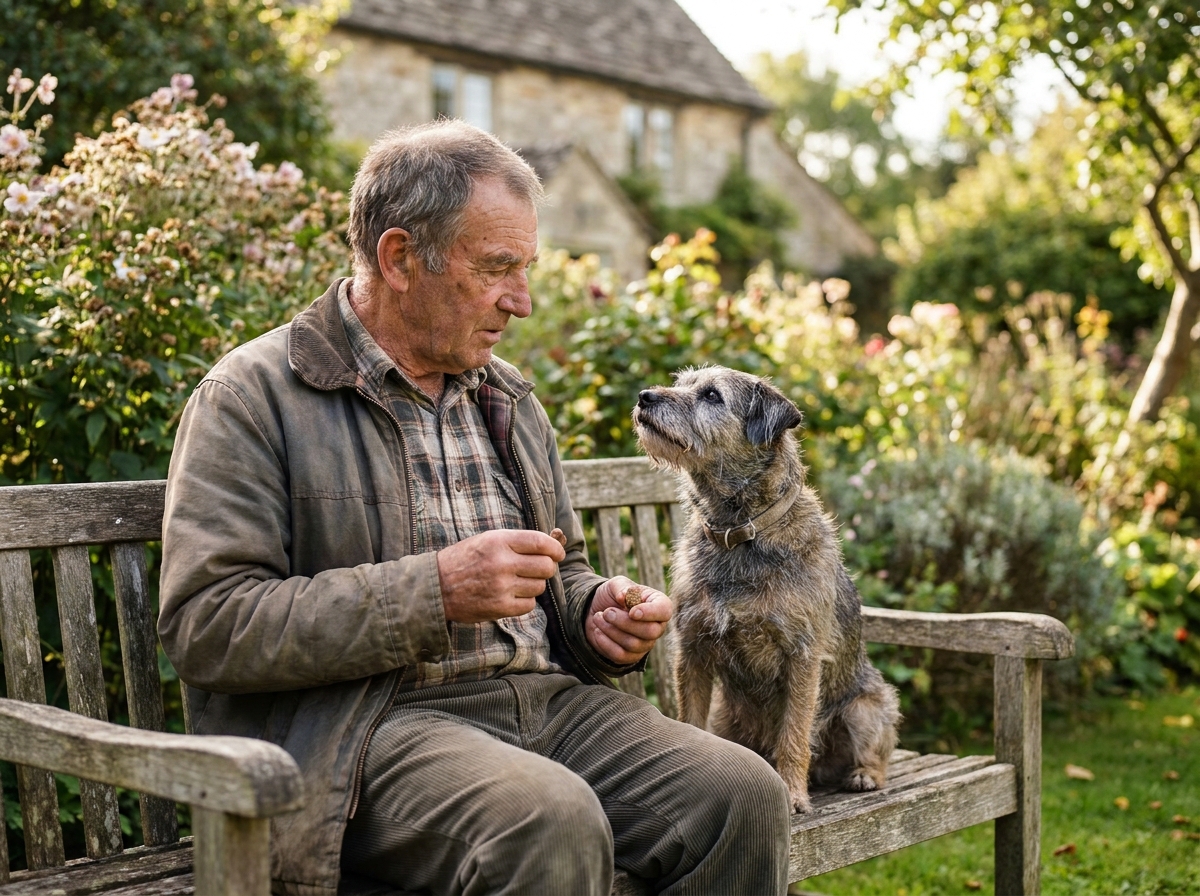 Homme senior donnant un complément nutritionnel à son chien âgé dans un jardin paisible