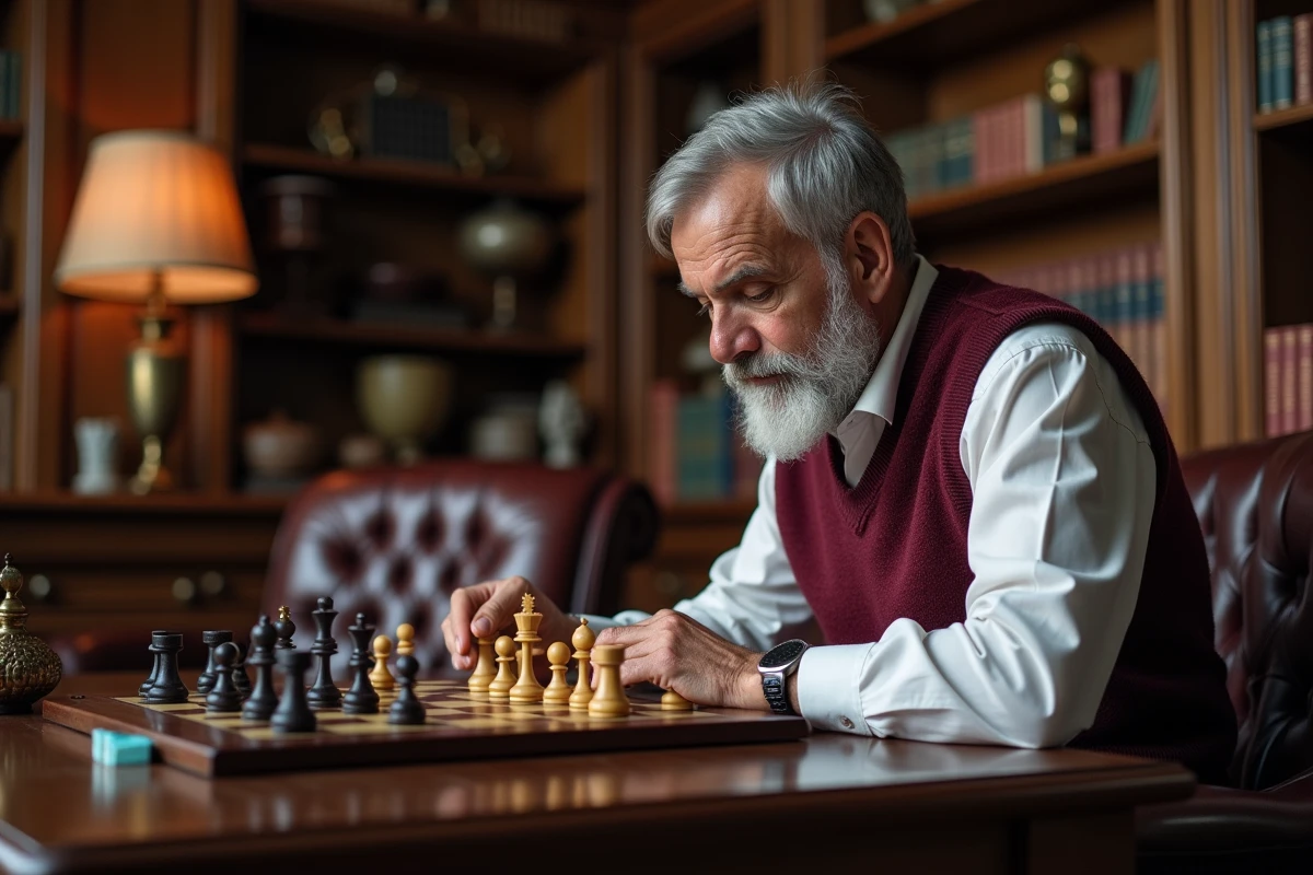 Un homme senior cheveux gris jouant aux échecs électroniques dans un bureau classique avec des livres d'échecs anciens et des trophées, assis dans un fauteuil en cuir près d'une table basse en acajou