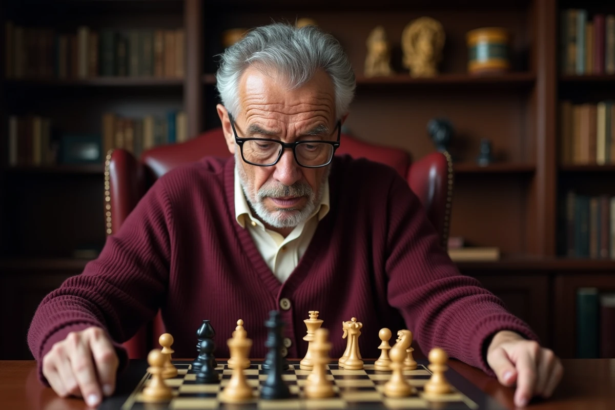 Senior homme étudiant stratégie sur un jeu d'échecs électronique dans sa bibliothèque personnelle, illustration de progression continue aux échecs pour les passionnés