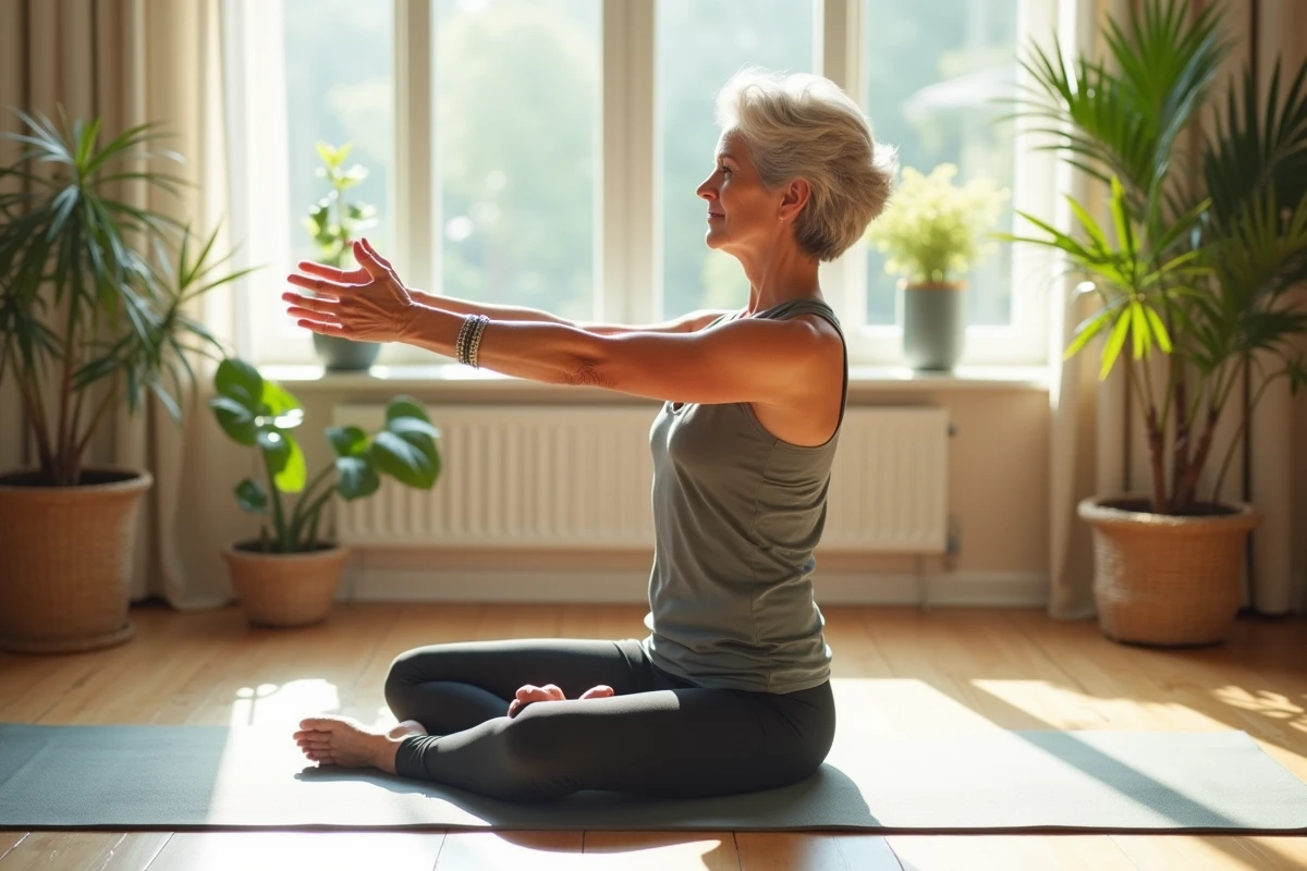 Senior feminin effectuant un exercice de renforcement du core pilates sur tapis dans un espace fitness à domicile