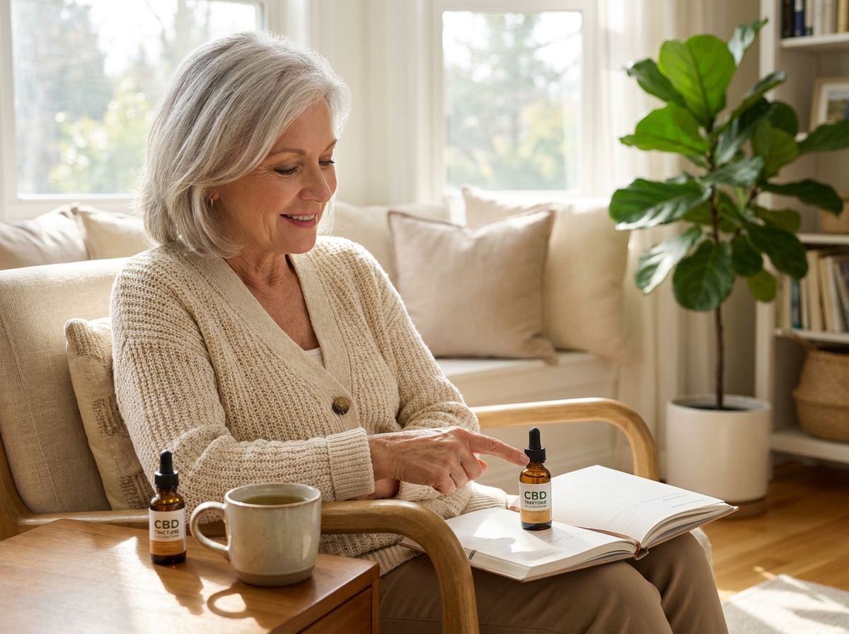 Femme senior dans son salon tenant une bouteille d'huile CBD, illustrant comment choisir un produit adapté à ses besoins quotidiens et son mode de vie