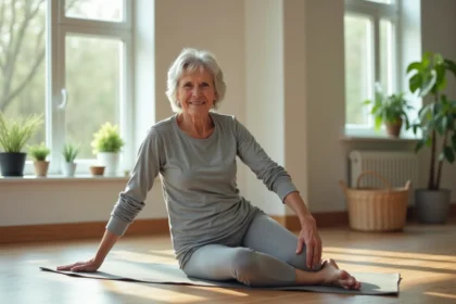 Femme senior actif pratiquant des exercices d'étirement dans une salle de sport à domicile moderne, conseils pour bien vieillir