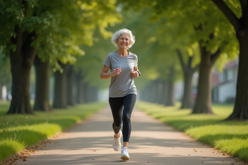femme senior active d'environ 60 ans en tenue de sport jogging dans un parc arboré, image illustrant le bien-vieillir par l'activité physique régulière