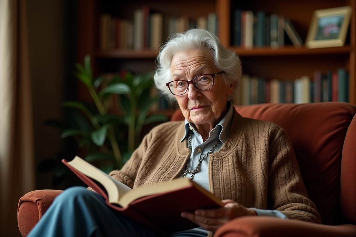 femme senior de 80 ans lisant un livre dans une bibliothèque maison, illustrant l'importance de la stimulation intellectuelle et des loisirs pour un vieillissement réussi