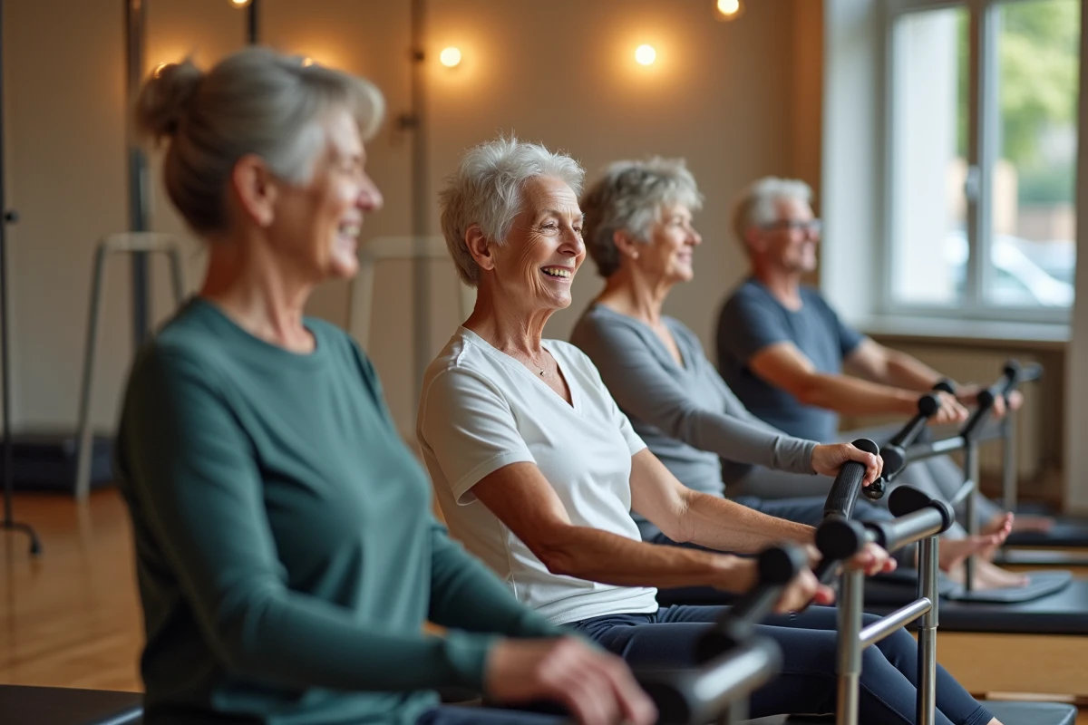 Groupe de seniors en cours de pilates collectif avec instructeur dans un studio de bien-être