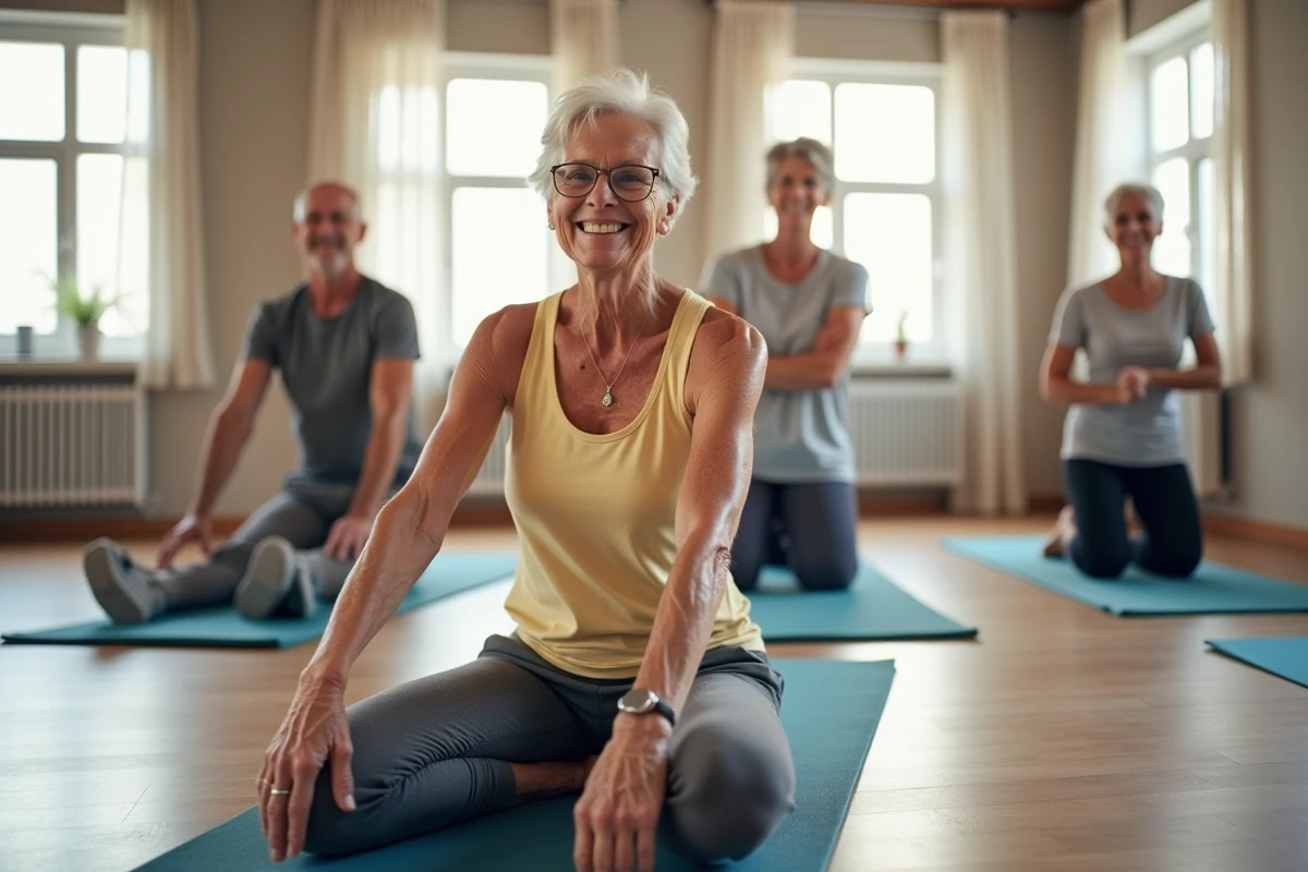 Groupe de seniors pratiquant le pilates sur tapis dans un studio de fitness lumineux et spacieux