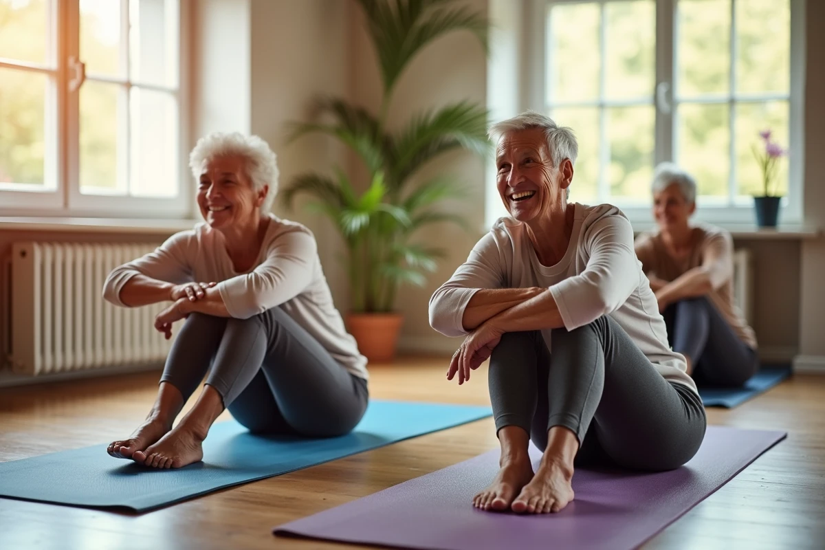 Groupe de seniors faisant du pilates ensemble sur tapis de yoga en studio
