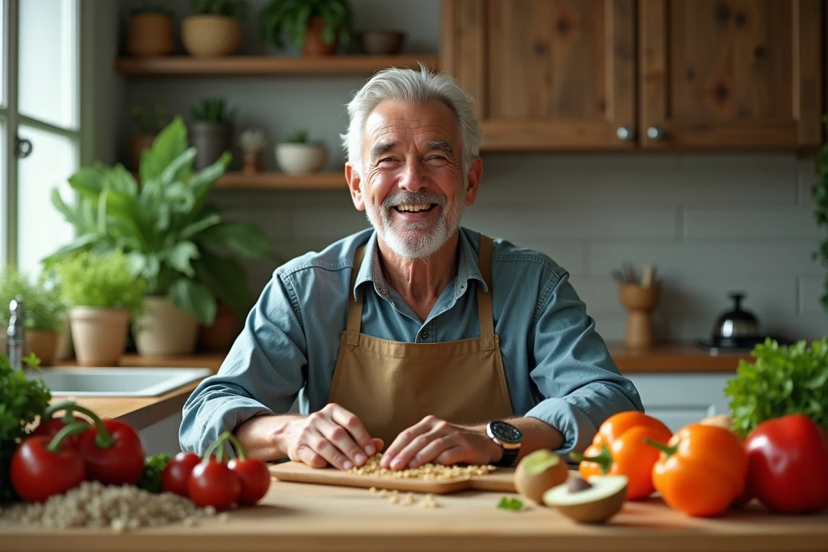 homme senior de 70 ans dans une cuisine rustique entouré de légumes frais et d'aliments sains, représentant une alimentation équilibrée pour bien vieillir