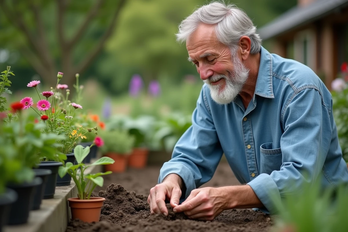 Homme âgé jardinant dans un jardin extérieur, activité pour une meilleure santé en vieillissant