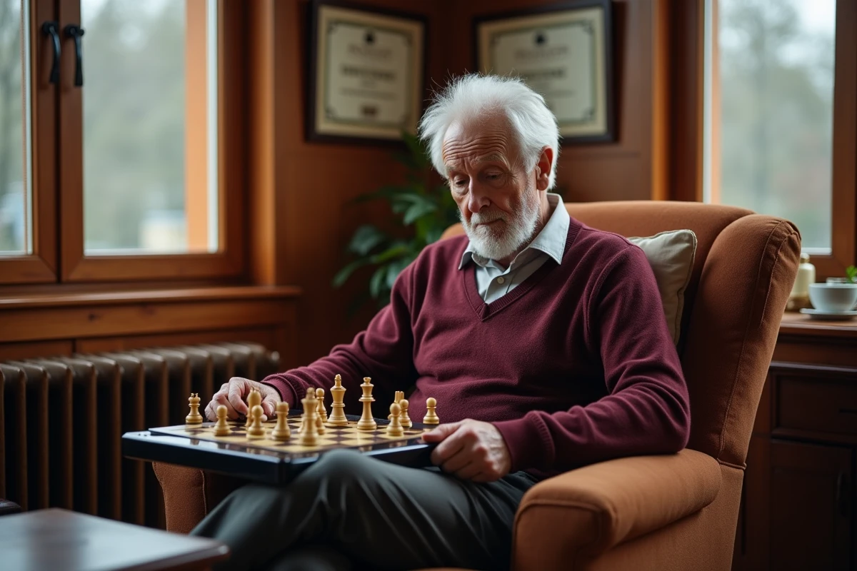 Homme âgé concentré sur un appareil d'échecs électronique dans un bureau confortable avec décor classique