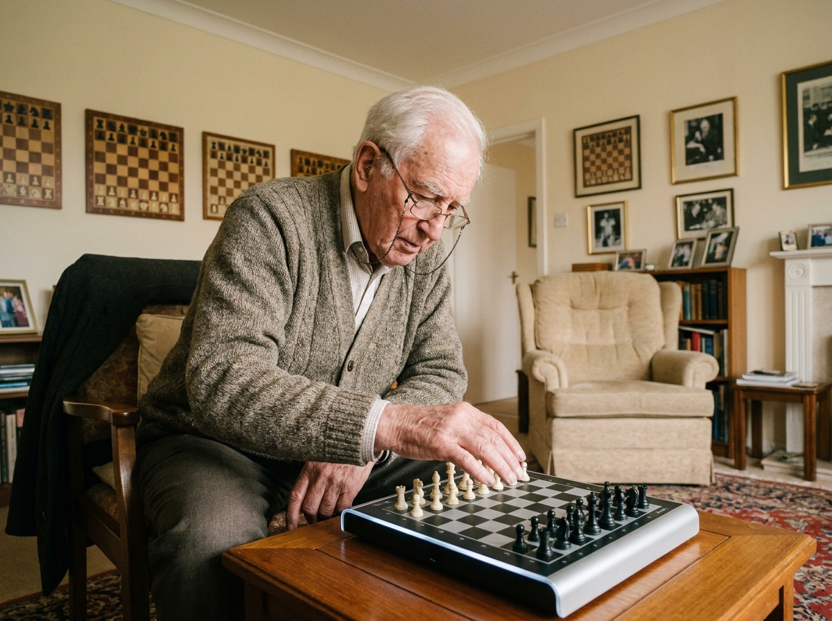 Senior passionné d'échecs utilisant ordinateur électronique portable pour s'améliorer au jeu