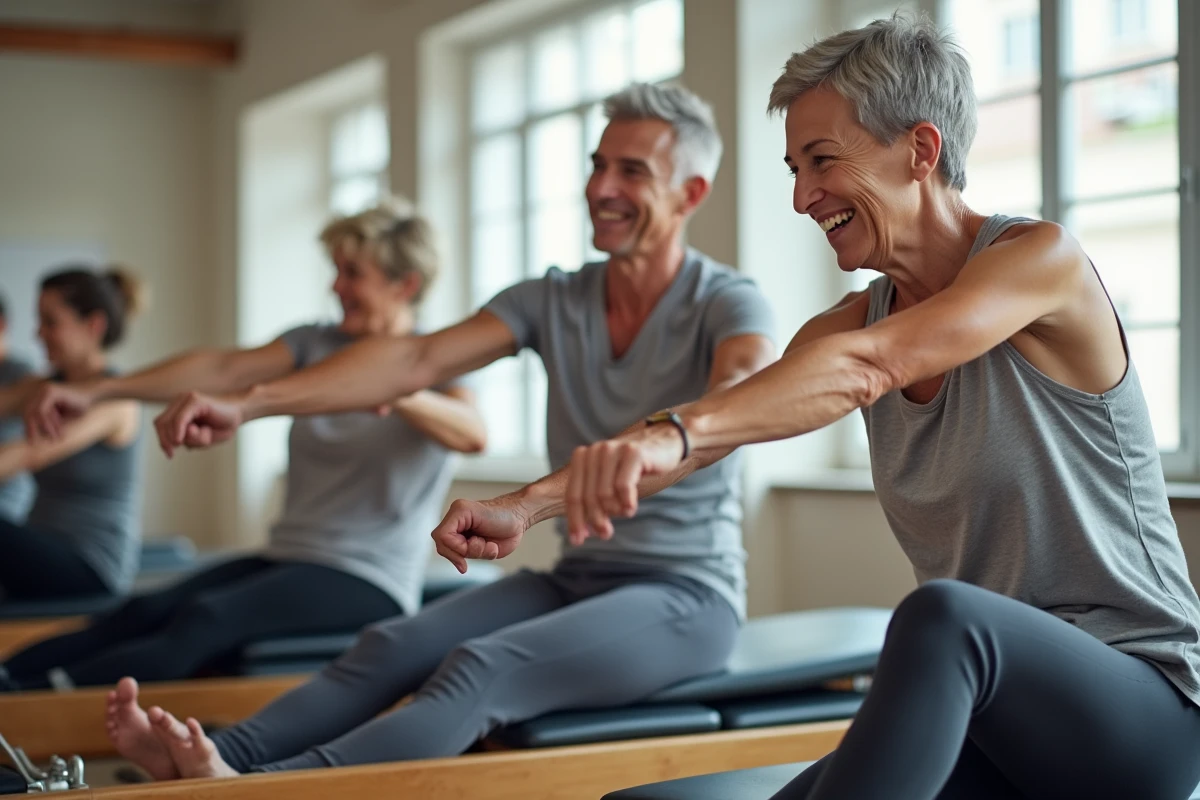Groupe de personnes seniors de 50 ans et plus suivant un cours de pilates collectif avec reformeur