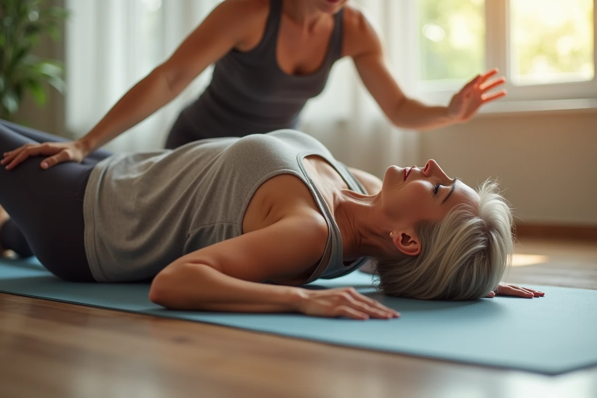 Senior femme effectuant un exercice de stabilité du core en pilates avec bonne posture