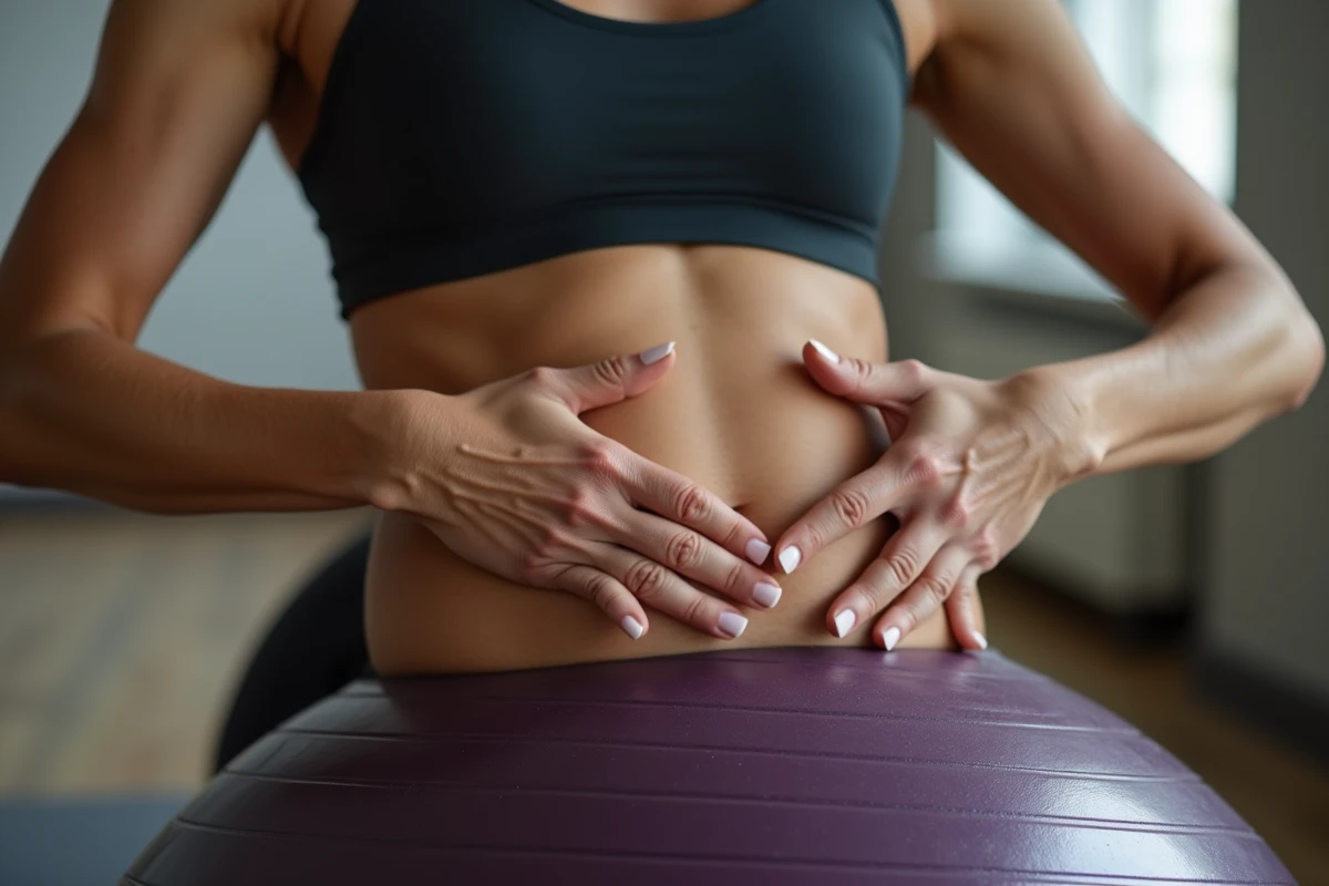 Femme plus de 50 ans effectuant un exercice de pilates avec ballon de stabilité, gros plan montrant la technique et l'engagement musculaire