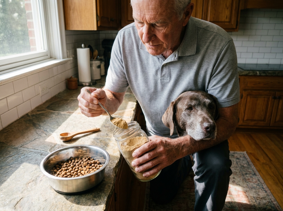 Senior propriétaire préparant une portion de croquettes avec complément alimentaire pour son chien âgé