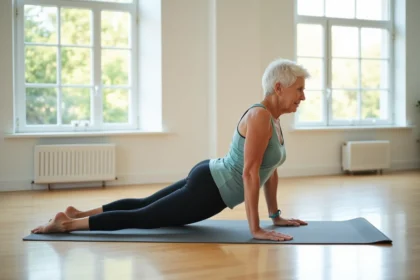 Femme senior pratiquant le pilates sur un tapis dans un studio lumineux, amélioration de la posture et de la flexibilité