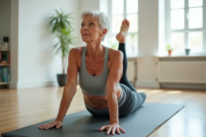 Femme senior de plus de 50 ans pratiquant le pilates sur un tapis dans un studio lumineux