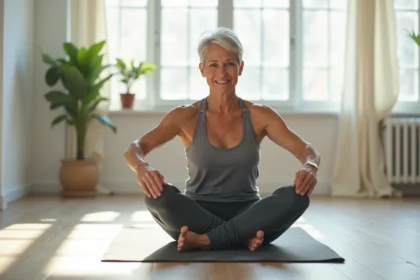 Femme senior pratiquant le pilates sur un tapis dans un studio lumineux avec des exercices de flexibilité