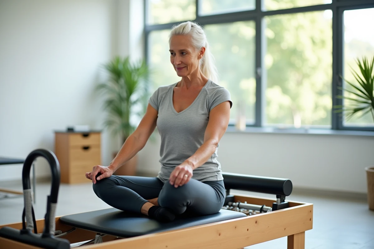 Femme senior pratiquant le pilates sur un reformer dans un studio lumineux