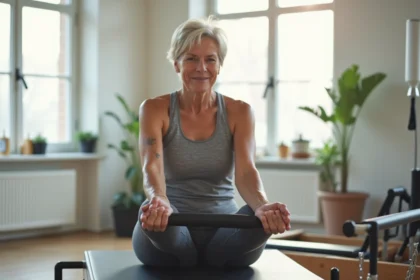 Femme senior de plus de 50 ans pratiquant le pilates sur un appareil réformateur dans un studio lumineux