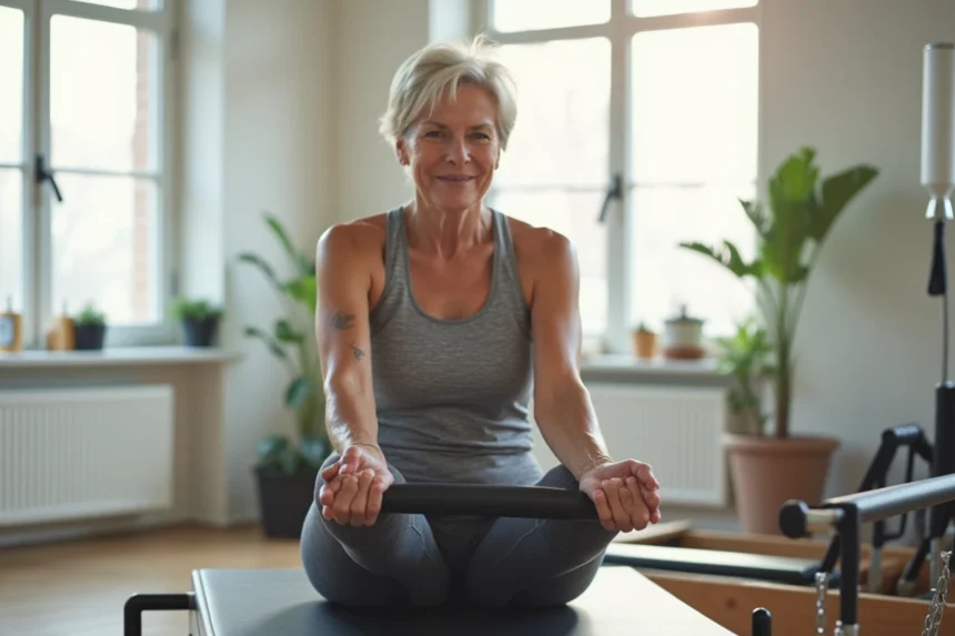 Femme senior de plus de 50 ans pratiquant le pilates sur un appareil réformateur dans un studio lumineux
