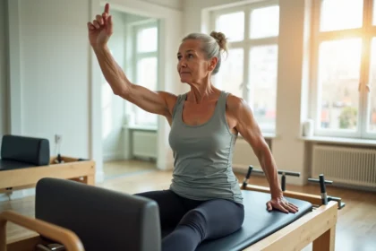 Femme senior pratiquant le pilates sur une reformer dans un studio lumineux