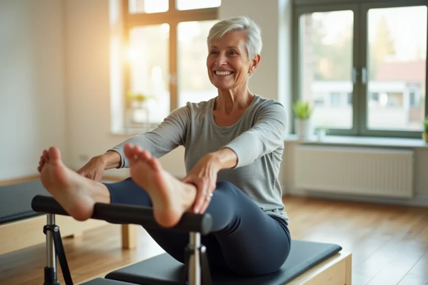 Femme senior pratiquant le pilates sur une machine reformer dans un studio lumineux