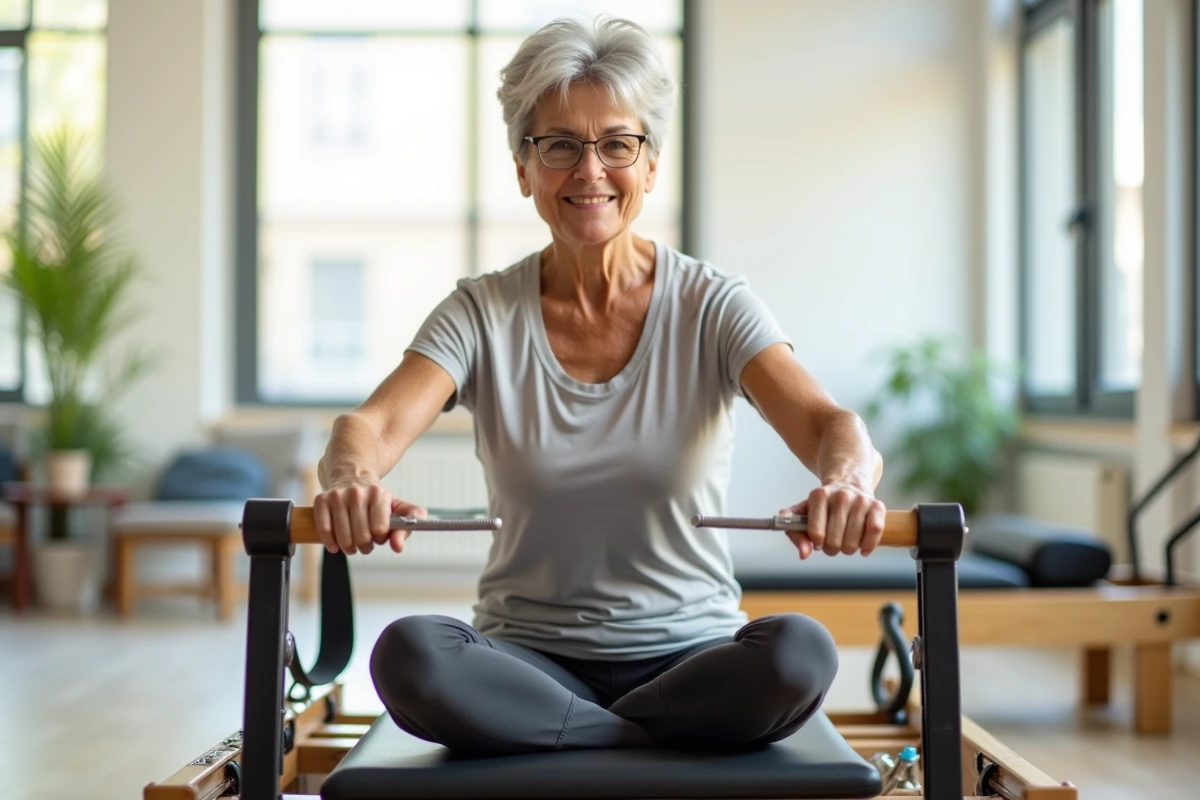 Femme senior pratiquant le pilates sur un appareil reformer dans un studio lumineux