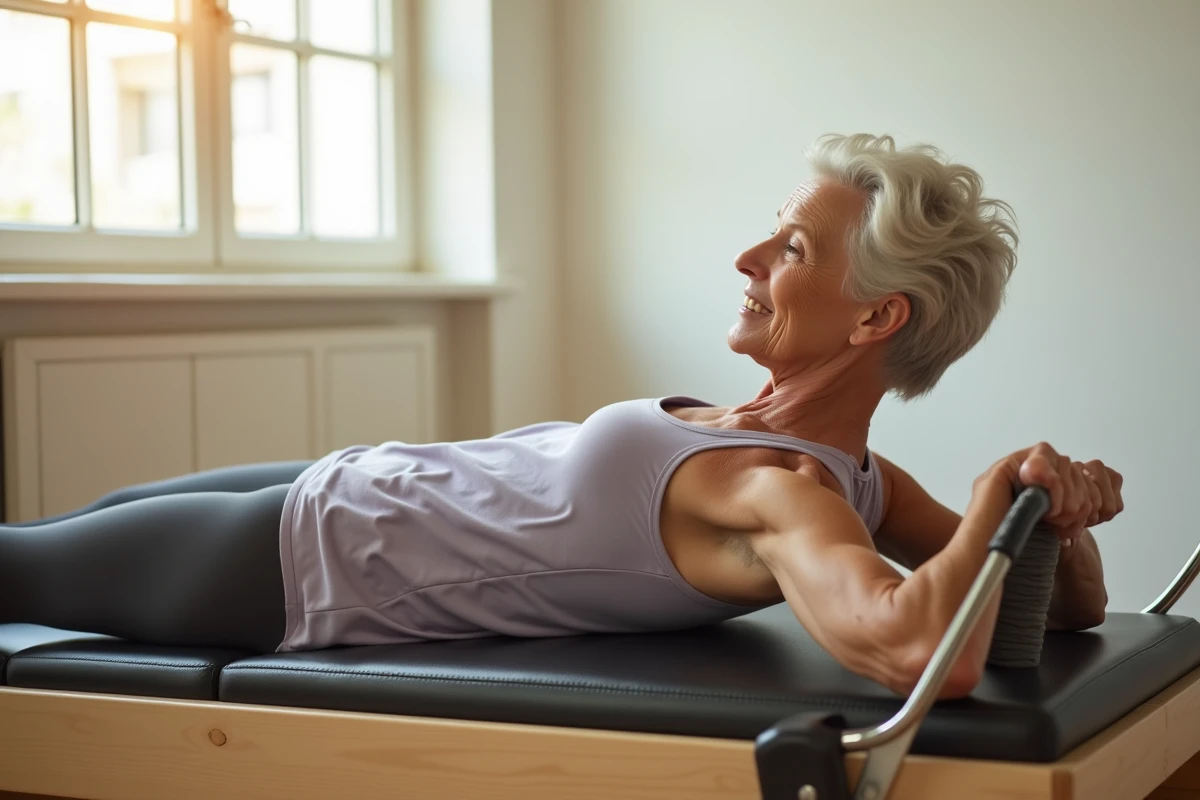 Femme senior pratiquant le pilates sur un appareil réformeur dans un studio de fitness lumineux