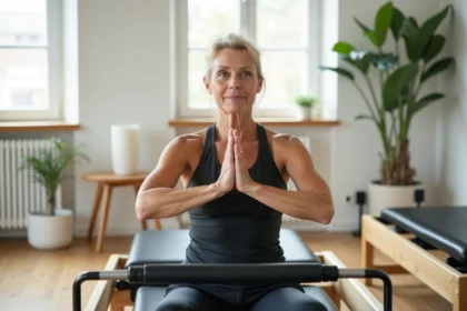 Femme senior de plus de 50 ans pratiquant le pilates sur un reformer en studio lumineux