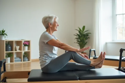 Femme senior pratiquant le pilates sur une machine reformer dans un studio lumineux