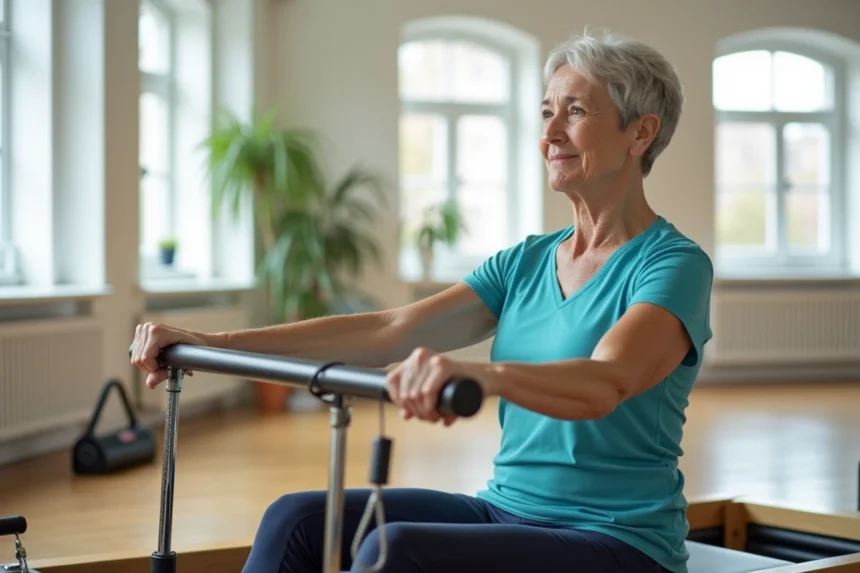 Femme senior de plus de 50 ans pratiquant le pilates sur une machine reformer dans un studio moderne avec lumière naturelle