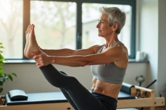 femme senior pratiquant le pilates sur une reformer dans un studio lumineux