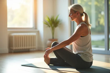 Femme senior pratiquant le pilates sur un tapis dans un studio lumineux