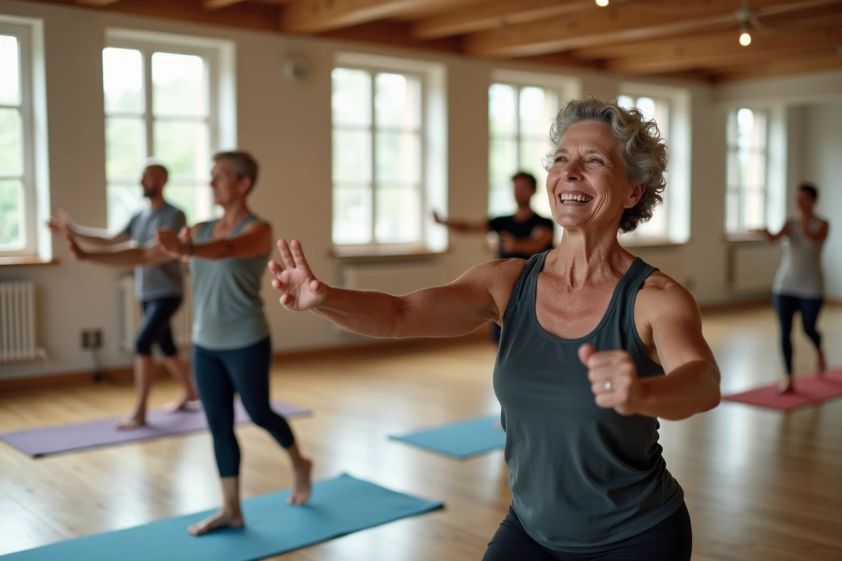 Groupe de seniors en cours de pilates au sol dans un studio de fitness
