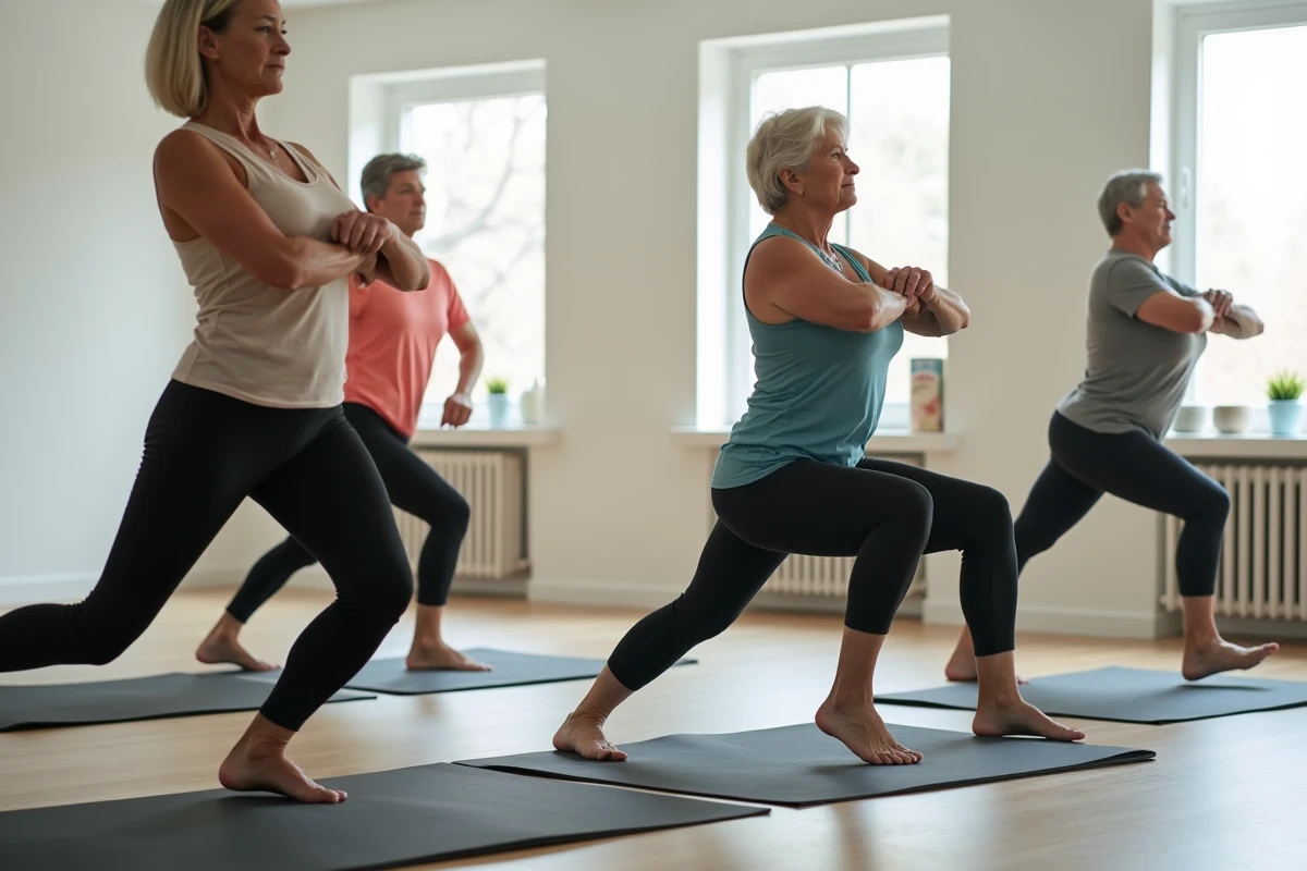 Groupe de seniors de plus de 50 ans pratiquant des exercices de pilates au sol en studio de fitness, ambiance positive et motivante
