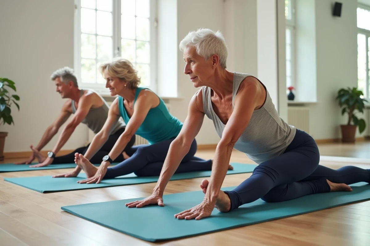 Groupe de seniors effectuant des exercices de pilates au sol dans un studio de bien-être