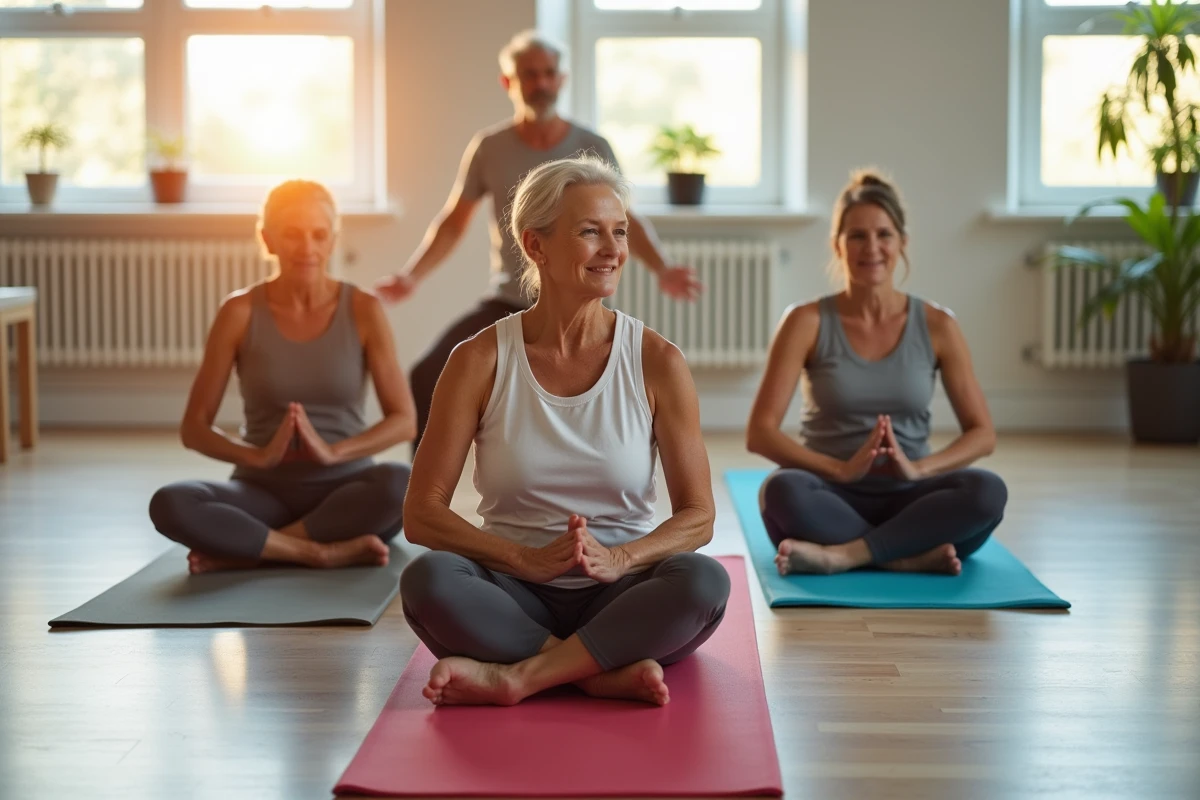 Groupe de seniors en cours de pilates effectuant un exercice de renforcement musculaire sur tapis